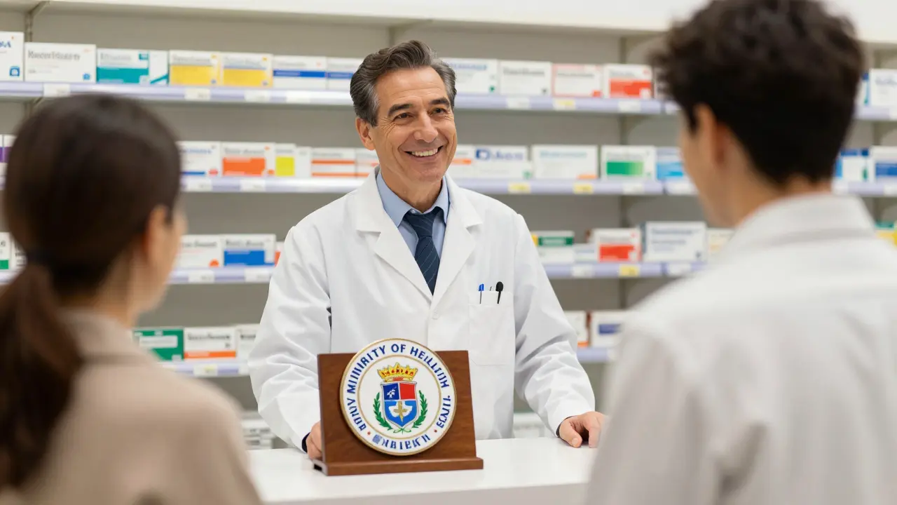 Farmacista autorizzato mostra il logo ufficiale di sicurezza
