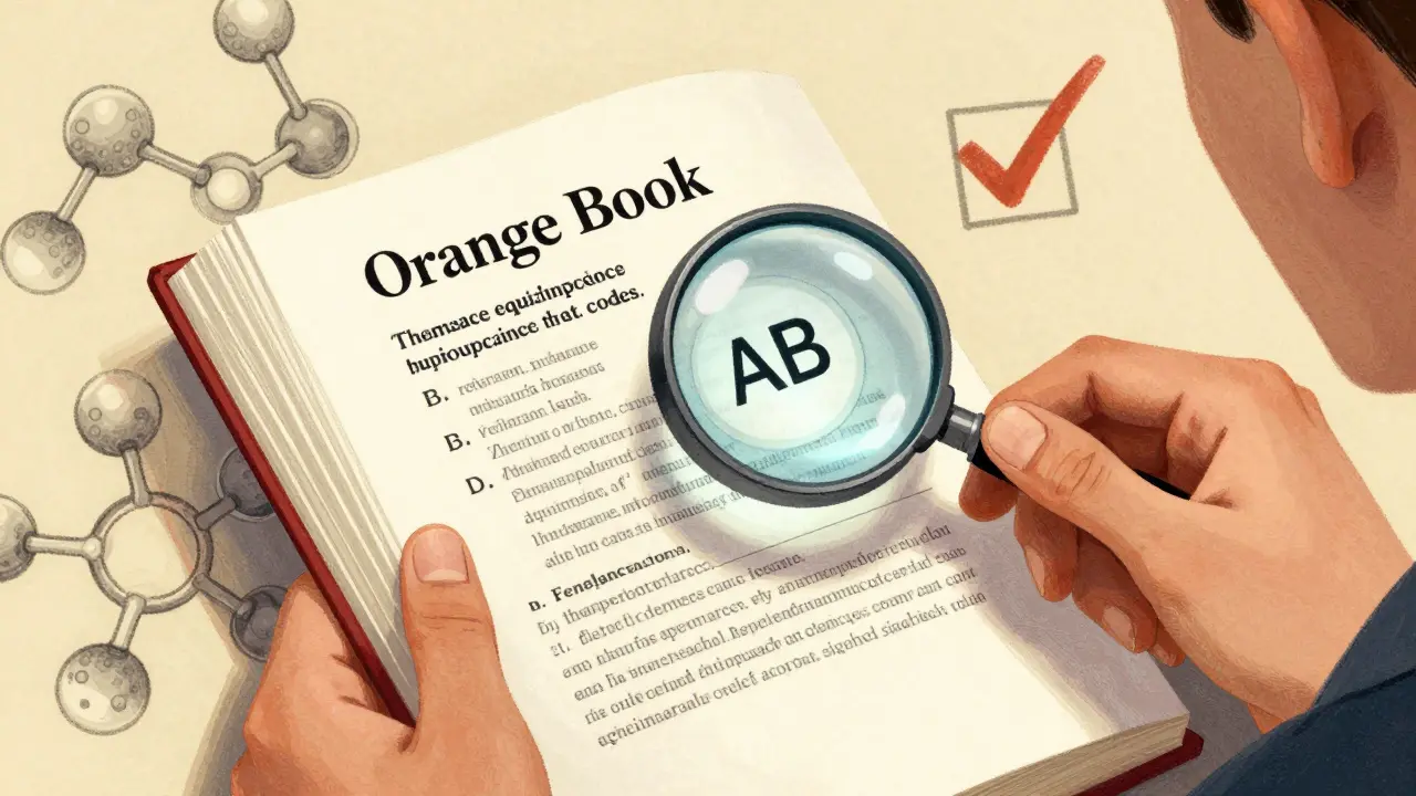Mani che esaminano il Libro Arancione FDA con codice AB evidenziato