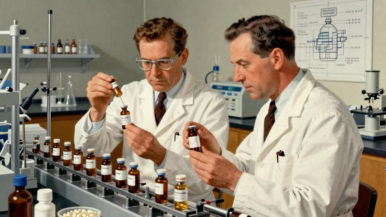 Scienziati che confrontano ingredienti identici di farmaci di marca e generici autorizzati in un laboratorio vintage.