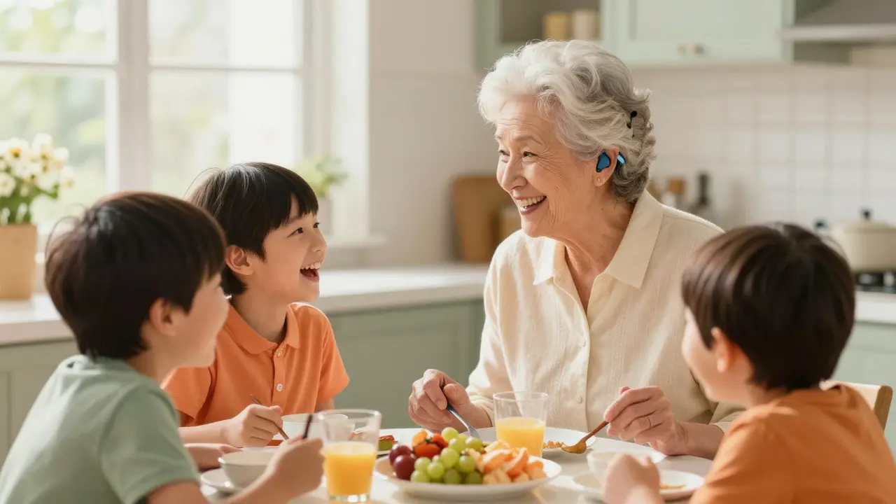Donna anziana felice con familiari grazie agli apparecchi acustici