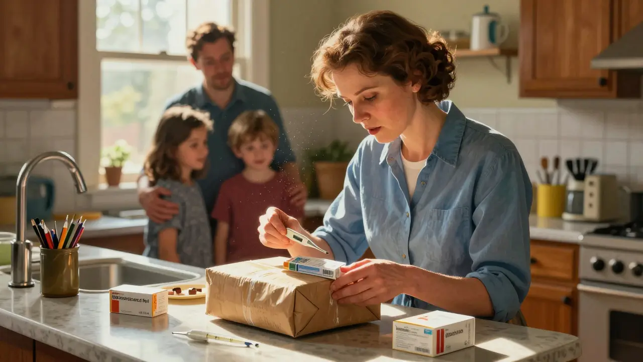 Donna che controlla la confezione di farmaci appena consegnata