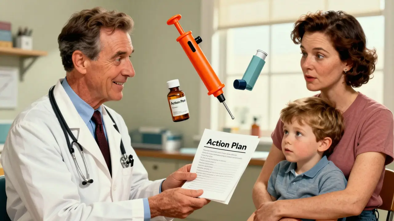 Dottore consegna piano d'azione alle allergie ai genitori, con farmaci simbolici sullo sfondo