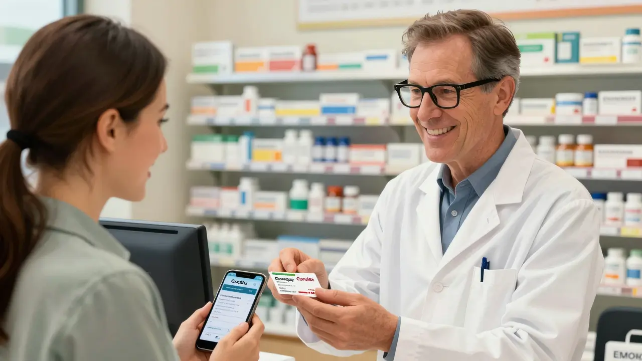 Farmacista che consegna coupon sconto digitale