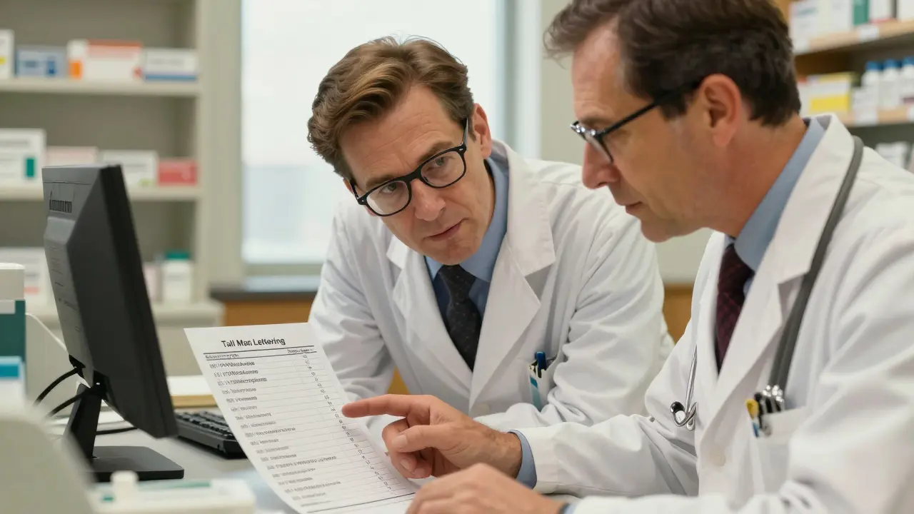 Farmacista e medico che controllano l'etichettatura Tall Man Lettering