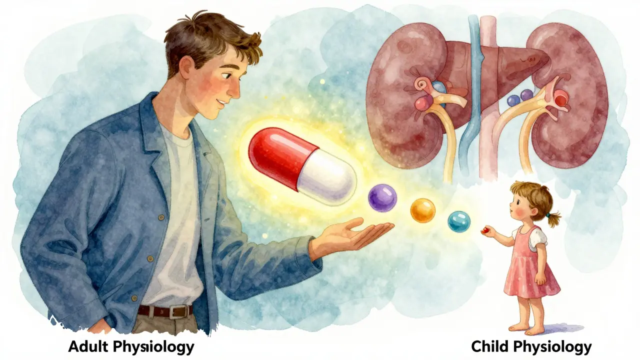 Illustrazione concettuale delle differenze fisiologiche tra adulti e bambini per i farmaci