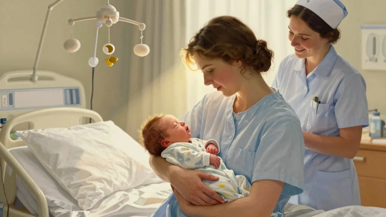 Madre felice che tiene il neonato in una stanza luminosa